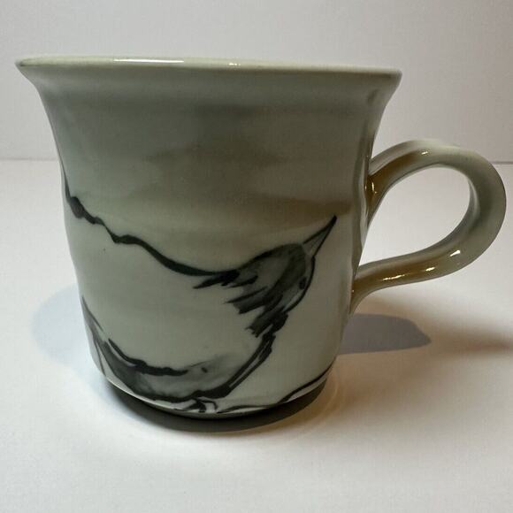 Signed Studio Art Coffee Mug Wrapping Bird Pattern Sage Green Color Collectable - Picture 1 of 6